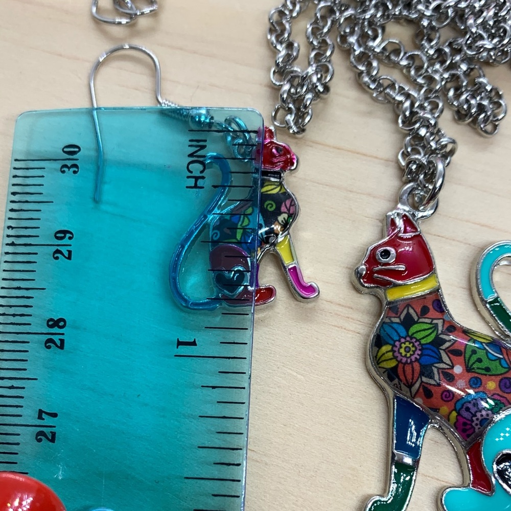 Enamel Cat Earrings Necklace Set - Picture 4 of 6